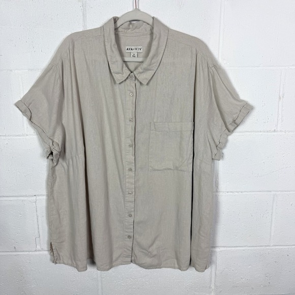 Ava & Viv Tops - Ava & Viv Button Up Top Plus SZ 3X Linen Blend Wrap-Back Neutral Beach Coastal